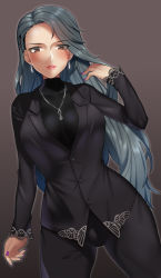 Rule 34 | 10s, 1girl, bad id, bad pixiv id, blush, breasts, breasts apart, brown eyes, earrings, formal, grey hair, jewelry, large breasts, long hair, looking at viewer, nail polish, niijima sae, nt00, parted lips, persona, persona 5, purple nails, simple background, suit, thigh gap