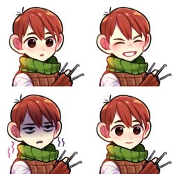 Rule 34 | 1boy, ^ ^, annoyed, armor, between fingers, brown gloves, chilchuck tims, closed eyes, closed mouth, dungeon meshi, gloves, green scarf, halfling, hand up, happy, holding, holding stick, korean commentary, leather armor, male focus, multiple views, mungzzi pic, open mouth, red hair, scared, scarf, shirt, short hair, simple background, smile, stick, surprised, trembling, variations, white background, white shirt