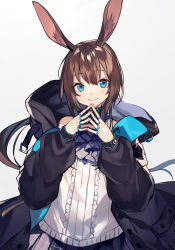 Rule 34 | 1girl, amiya (arknights), animal ears, arknights, ascot, black jacket, blue eyes, brown hair, rabbit ears, frills, hands up, jacket, jewelry, long hair, long sleeves, looking at viewer, multiple rings, off shoulder, open clothes, open jacket, own hands together, pleated skirt, ponytail, puffy sleeves, ring, shirt, shugao, simple background, skirt, sleeveless, sleeveless shirt, smile, solo, steepled fingers, upper body, white background, white shirt