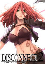 Rule 34 | 1girl, arms at sides, bad id, bad pixiv id, breasts, cleavage, crop top, cropped jacket, english text, green eyes, hair between eyes, katarina (league of legends), league of legends, light smile, lips, long hair, looking at viewer, midriff, navel, parted lips, red hair, scar, scar across eye, scar on face, smile, solo, tattoo, upper body, yashichii