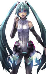 Rule 34 | 1girl, aqua hair, blue eyes, bridal gauntlets, elbow gloves, fingerless gloves, gloves, hatsune miku, hatsune miku (append), highres, long hair, necktie, okg, open mouth, simple background, smile, solo, thighhighs, twintails, very long hair, vocaloid, vocaloid append, zettai ryouiki