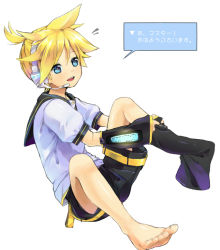 Rule 34 | 1boy, barefoot, blonde hair, blue eyes, detached sleeves, feet, headset, kagamine len, male focus, soles, solo, toes, vocaloid