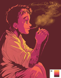 Rule 34 | 1boy, autumn-sacura, cigarette, color guide, dark, dorohedoro, from side, holding, kasukabe (dorohedoro), lighter, limited palette, male focus, profile, smile, smoke, smoking, solo, tattoo