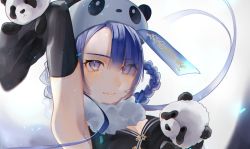 Rule 34 | 1girl, bad id, bad twitter id, blue eyes, blue hair, braid, breasts, cleavage, close-up, commentary, highres, medium breasts, nekome toworu, original, panda, panda hat, parted lips, solo, symbol-only commentary