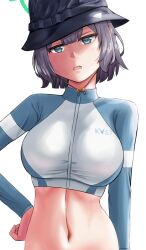 Rule 34 | 1girl, aqua eyes, black hair, black hat, blue archive, breasts, bucket hat, green halo, halo, hand on own hip, hat, highres, large breasts, looking at viewer, navel, official alternate costume, rash guard, saki (blue archive), saki (swimsuit) (blue archive), short hair, simple background, solo, taurus (cor-tauri-0426), white background
