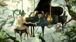 Rule 34 | 1girl, bird, bird nest, chain, dress, egg, closed eyes, floating hair, grand piano, green hair, hatsune miku, high heels, highres, instrument, long hair, luomo, music, outdoors, piano, playing instrument, playing piano, sitting, solo, tree, twintails, very long hair, vocaloid, white dress