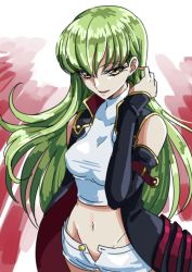 Rule 34 | 1girl, :d, black sleeves, c.c., code geass, crop top, detached sleeves, floating hair, green hair, groin, hair between eyes, long hair, long sleeves, looking at viewer, midriff, navel, open clothes, open mouth, open shorts, short shorts, shorts, smile, solo, standing, stomach, tsukikage oyama, very long hair, white shorts, yellow eyes