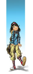 Rule 34 | 1girl, bag, black hair, blue eyes, cable, cargo shorts, full body, hairband, hands in pockets, headphones, headphones around neck, hood, hoodie, kilayman, lips, nose, satchel, shoes, shorts, smile, sneakers, socks, solo, striped clothes, striped legwear, striped socks