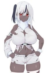 Rule 34 | 1girl, absol, absurdres, armband, asymmetrical hair, bare shoulders, black hair, blush, bra, breast pocket, breasts, buttons, cleavage, closed mouth, cowboy shot, creatures (company), crop top, dark-skinned female, dark skin, detached sleeves, female focus, fur-trimmed shirt, fur trim, game freak, gen 3 pokemon, hair between eyes, hands on own hips, happy, highleg, highleg panties, highres, huge breasts, looking at viewer, medium hair, micro shorts, midriff, multicolored hair, natsuki straight, navel, nintendo, open fly, panties, personification, pocket, pokemon, red eyes, see-through, shirt, short shorts, shorts, sidelocks, simple background, single detached sleeve, skindentation, sleeveless, sleeveless shirt, smile, standing, stomach, streaked hair, string panties, sweat, thighhighs, thighs, torn clothes, torn panties, torn shirt, torn shorts, torn sleeves, torn thighhighs, two-tone hair, unbuttoned, underwear, unzipped, v-shaped eyebrows, white background, white bra, white hair, white shirt, white shorts, white sleeves, white thighhighs, wristband, zipper