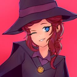 Rule 34 | a hat in time, alternate costume, black cape, black headwear, black shirt, blue eyes, brown hair, cape, collar, fujimna, hair down, halloween costume, hat, hat kid, headband, highres, long hair, looking at viewer, one eye closed, purple headband, purple shirt, red background, shirt, smile, witch, witch hat