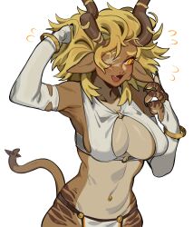 Rule 34 | absurdres, alta (porqueloin), animal feet, animal hands, blonde hair, blush, bra, breasts, bridal gauntlets, brown horns, cleavage, clothing cutout, dark skin, dragon girl, english text, fang, feet out of frame, gold, gold bracelet, hand on own head, hands up, highres, horn ornament, horns, large breasts, long hair, messy hair, missing eye, monster girl, navel, navel piercing, open mouth, original, pelvic curtain, piercing, pointy ears, porqueloin, scar, scar on face, simple background, slit pupils, stomach, tail, tongue, underwear, white background, white bra, white bridal gauntlets, white loincloth, yellow eyes