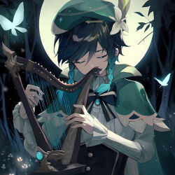 Rule 34 | 1boy, absurdres, androgynous, aqua hair, beret, black corset, black hair, blue hair, bow, braid, brooch, bug, butterfly, cape, closed eyes, collared cape, collared shirt, corset, covered mouth, flower, frilled sleeves, frills, full moon, gem, genshin impact, gradient hair, green cape, green hat, hat, hat flower, highres, holding, holding instrument, insect, instrument, jewelry, leaf, light particles, long sleeves, low twin braids, lyre, male focus, moon, multicolored hair, night, night sky, shirt, short hair with long locks, side braids, sidelocks, sky, solo, twin braids, venti (genshin impact), white flower, white shirt, xizuchan6