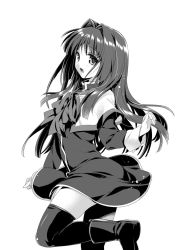 Rule 34 | 1girl, black thighhighs, boots, capelet, cowboy shot, greyscale, hair intakes, kanon, long hair, looking at viewer, minase nayuki, monochrome, open mouth, ribbon, satomi yoshitaka, school uniform, simple background, solo, standing, standing on one leg, thighhighs, white background