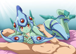 Rule 34 | 1boy, 1girl, :&gt;=, bare shoulders, bed, breasts, clothing cutout, digimon, digimon frontier, frog girl, helmet, hetero, lying, monster girl, navel cutout, nude, one-piece swimsuit, oral, palcomix, penis, ranamon, red eyes, swimsuit, uncensored