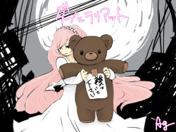 Rule 34 | 1girl, blue eyes, blue nails, double lariat (vocaloid), dress, embarrassed, kaprice, long hair, megurine luka, nail polish, pink hair, solo, stuffed animal, stuffed toy, teddy bear, vocaloid