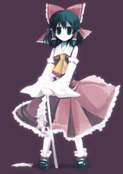 Rule 34 | 1girl, ascot, bare shoulders, black eyes, black footwear, black hair, bow, check commentary, collar, collared shirt, commentary request, detached sleeves, expressionless, frilled bow, frilled collar, frilled hair tubes, frilled skirt, frills, full body, gohei, hair bow, hair tubes, hakurei reimu, looking at viewer, mary janes, medium hair, purple background, red bow, red shirt, red skirt, ribbon-trimmed sleeves, ribbon trim, shirt, shoes, skirt, socks, solo, squid, touhou, white socks, wide sleeves, yellow ascot, yuzuki gao