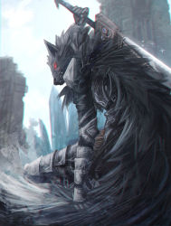 Rule 34 | 1boy, absurdres, armor, blaidd the half-wolf, cloak, closed mouth, crystal, elden ring, franlol, from side, fur cloak, furry, furry male, gauntlets, greaves, highres, holding, holding sword, holding weapon, looking at viewer, looking to the side, male focus, outdoors, red eyes, solo, squatting, sword, weapon
