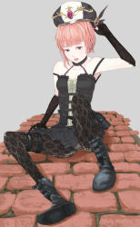 Rule 34 | 1girl, alternate costume, artist request, atelier (series), atelier rorona, bag, bare shoulders, black footwear, black gloves, black pantyhose, blue eyes, blush, boots, breasts, cleavage, cross-laced footwear, elbow gloves, female focus, gloves, goth fashion, gothic lolita, halterneck, hat, highres, lace-up boots, lolita fashion, looking at viewer, open mouth, panties, panties under pantyhose, pantyhose, pantyshot, patterned legwear, pink hair, rororina fryxell, shoes, sitting, solo, underwear