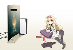 Rule 34 | 1girl, absurdres, bar censor, bare arms, black cat, black thighhighs, blonde hair, cat, censored, censored text, coca-cola, commentary request, controller, dress, elden ring, food, food in mouth, game controller, gloves, hair between eyes, hairband, highres, little witch nobeta, long hair, nobeta, official art, panties, phyllis (cat) (little witch nobeta), phyllis (little witch nobeta), pillow, playing games, pocky, pocky in mouth, red eyes, second-party source, short shorts, shorts, sky-freedom, sleeveless, sleeveless dress, solo, thighhighs, underwear, white gloves, white panties