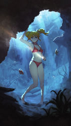 Rule 34 | 1girl, absurdres, air bubble, barefoot, bikini, blonde hair, blue eyes, blush, borrowed character, breasts, bubble, cave, coral, fish, flashlight, freediving, halterneck, highres, holding, holding breath, holding flashlight, light rays, medium hair, ocean, original, rock, rou (rou22), seafloor, seaweed, small breasts, solo, striped bikini, striped clothes, sunlight, swimming, swimsuit, twintails, underwater