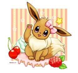 Rule 34 | :3, animal focus, artist name, bad id, bad pixiv id, border, bow, cherry, creatures (company), eevee, food, fruit, game freak, gen 1 pokemon, hair bow, hand up, happy, highres, in food, looking at viewer, nintendo, no humans, open mouth, outline, pawpads, pink bow, pokemon, pokemon (creature), polka dot, polka dot bow, purple eyes, raspberry, rorosuke, smile, solo, star (symbol), straight-on, striped, striped background, tilted headwear, twitter username, whipped cream, white border, white outline