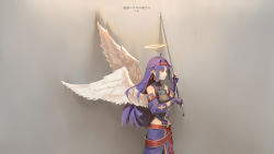 Rule 34 | 1girl, absurdres, ahoge, black gloves, commentary request, dated, detached sleeves, feathers, from side, gloves, hair intakes, halo, headband, highres, hip vent, long hair, pointy ears, purple hair, red eyes, red headband, ronnie choy, sidelocks, solo, sword, sword art online, translation request, weapon, white feathers, white wings, wings, yuuki (sao)