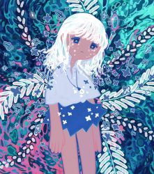 Rule 34 | 1girl, abstract, absurdres, antennae, blue eyes, blue skirt, collared shirt, flower, glowing, half-closed eyes, highres, jewelry, leaf, medium hair, necklace, no nose, original, shirt, short sleeves, sizucomaru, skirt, solo, white hair, white shirt
