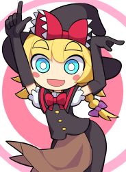 Rule 34 | 1girl, :d, apron, arms up, black dress, black gloves, black hat, blonde hair, blouse, blue eyes, blush stickers, bow, bowtie, braid, brown apron, buttons, chibi, commentary, cookie (touhou), dress, elbow gloves, gloves, hair bow, happy, hat, hat bow, hospital king, kirisame marisa, long hair, looking at viewer, meguru (cookie), open mouth, pink background, pointing, pointing to the side, pointing up, purple bow, red bow, red bowtie, shirt, short sleeves, side braid, smile, solo, spiral background, standing, thick eyebrows, touhou, two-tone background, waist apron, white background, white shirt, witch hat