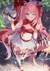 Rule 34 | 1girl, absurdres, bare shoulders, breasts, chinese clothes, crop top, demon tail, detached sleeves, flower, garter straps, hair flower, hair ornament, hands up, heart, highres, kedama milk, leg up, long hair, looking at viewer, midriff, miniskirt, navel, one eye closed, original, pink hair, purple eyes, red footwear, red shirt, see-through, shirt, shoes, skirt, sleeveless, sleeveless shirt, small breasts, solo, standing, standing on one leg, stomach, tail, teapot, thighhighs, thighs, tray, twintails, very long hair, white skirt, white thighhighs, zettai ryouiki