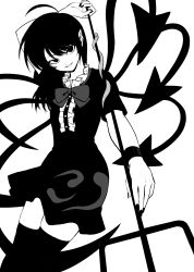 Rule 34 | 1girl, arm up, arrow (symbol), asymmetrical wings, black dress, black eyes, black footwear, black hair, black nails, bow, bowtie, breasts, buttons, closed mouth, dress, grey bow, grey bowtie, greyscale, hair between eyes, hand up, highres, houjuu nue, looking at viewer, medium breasts, medium hair, monochrome, nail polish, shiguma (signalmass), short sleeves, simple background, smile, snake, solo, standing, teeth, thighhighs, thighs, touhou, weapon, white background, wings, wristband, zettai ryouiki