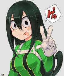 Rule 34 | 10s, 1girl, absurdres, asui tsuyu, black eyes, black hair, bodysuit, boku no hero academia, breasts, closed mouth, commentary request, covered collarbone, gloves, green bodysuit, grey background, hair between eyes, hair rings, highres, long hair, looking at viewer, medium breasts, simple background, smile, solo, tongue, tongue out, translation request, tuxedo de cat, upper body, v, white gloves