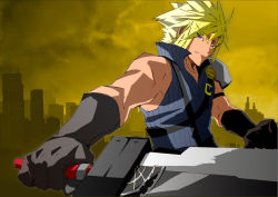 Rule 34 | 00s, 1990s (style), 1boy, bad id, bad pixiv id, blonde hair, blue eyes, cloud strife, coelacanth (artist), final fantasy, final fantasy vii, final fantasy vii advent children, foreshortening, gloves, male focus, manly, retro artstyle, siirakannu, solo, sword, weapon