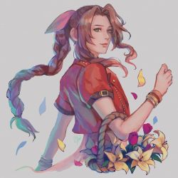 Rule 34 | 1girl, aerith gainsborough, arm up, bangle, bracelet, braid, braided ponytail, brown hair, cassandra (avocasso), cropped jacket, dress, falling petals, final fantasy, final fantasy vii, final fantasy vii remake, flower, flower basket, green eyes, grey background, hair ribbon, jacket, jewelry, leaf, long hair, looking at viewer, parted bangs, petals, pink dress, pink flower, pink ribbon, red jacket, ribbon, short sleeves, sidelocks, smile, solo, square enix, upper body, wavy hair, yellow flower