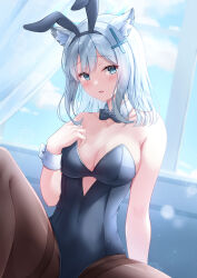 Rule 34 | 1girl, absurdres, alternate costume, animal ear fluff, animal ears, arm support, bare shoulders, black bow, black bowtie, black leotard, black pantyhose, blue archive, blue eyes, blue sky, blurry, bow, bowtie, breasts, cleavage, cloud, cloudy sky, collarbone, commentary request, covered navel, cross hair ornament, curtains, depth of field, detached collar, fake animal ears, grey hair, hair between eyes, hair ornament, hairband, halo, highleg, highleg leotard, highres, indoors, knee up, leotard, looking at viewer, medium breasts, medium hair, mismatched pupils, pantyhose, parted lips, playboy bunny, rabbit ears, rieatco, shiroko (blue archive), sidelocks, sitting, sky, sleeveless, solo, spread legs, strapless, strapless leotard, wind, window, wolf ears, wolf girl, wrist cuffs