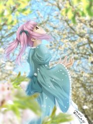 Rule 34 | 1girl, blue bow, blue dress, blurry, blurry background, blurry foreground, bow, day, dress, floating hair, frilled sleeves, frills, hair bow, hannelore (honzuki no gekokujou), honzuki no gekokujou, long hair, long sleeves, looking up, outdoors, petals, pink hair, profile, red eyes, solo, standing, twintails, twitter username, wide sleeves, yuuko24
