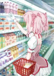 Rule 34 | 1girl, arm up, basket, bow, dress, facing away, gloves, hair bow, highres, kaname madoka, magical girl, mahou shoujo madoka magica, mahou shoujo madoka magica (anime), pink bow, pink dress, pink hair, shopping, shopping basket, squaretires, supermarket, twintails