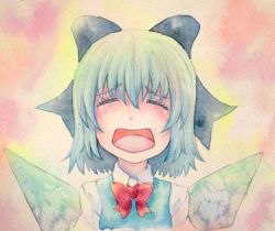 Rule 34 | 1girl, blue eyes, blue hair, bow, cirno, crying, closed eyes, hair bow, highres, ice, ice wings, matching hair/eyes, open mouth, painting (medium), solo, touhou, traditional media, watercolor (medium), wings, yuyu (00365676)