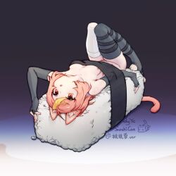Rule 34 | 1girl, animal ear fluff, animal ears, animal feet, asymmetrical legwear, blonde hair, breasts, cat ears, cat girl, cat tail, commentary, elbow gloves, fingerless gloves, food, full body, gloves, grey gloves, grey thighhighs, highres, lingxia, looking at viewer, mismatched legwear, multicolored hair, nori (seaweed), original, pink eyes, pink hair, short hair, small breasts, streaked hair, sushi, symbol-only commentary, tail, thighhighs, thighs, triangle mouth, two-tone hair, white thighhighs