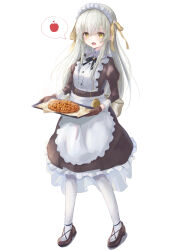 Rule 34 | 1girl, absurdres, apple, apple pie, apron, assault lily, back bow, black dress, black ribbon, blush, bow, brown footwear, collared dress, commentary request, cross-laced footwear, dress, egawa kusumi, food, frilled apron, frilled dress, frills, fruit, full body, grey bow, grey hair, hair between eyes, hair ribbon, hands up, highres, holding, holding tray, juliet sleeves, long hair, long sleeves, looking at viewer, maid, maid headdress, neck ribbon, obelisk3, official alternate costume, open mouth, oven mitts, pantyhose, pie, puffy sleeves, ribbon, shoes, sidelocks, smile, solo, speech bubble, spoken food, spoken object, standing, steam, tray, two-tone dress, very long hair, waist apron, white apron, white dress, white pantyhose, yellow eyes, yellow ribbon