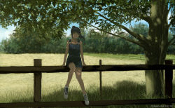Rule 34 | 1girl, artist name, black hair, dead-robot, fence, field, green eyes, looking at viewer, original, outdoors, overall shorts, overalls, ponytail, scenery, sitting, solo, tan, tree