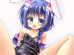Rule 34 | 1girl, :o, animal ears, bare legs, bare shoulders, black leotard, blue eyes, blue hair, braid, fake animal ears, flower, flower knight girl, hair flower, hair ornament, hair over shoulder, leotard, long hair, looking at viewer, maou mikage, open mouth, playboy bunny, rabbit ears, simple background, sitting, solo, spread legs, star (symbol), star hair ornament, surprised, twin braids, viola (flower knight girl), white background
