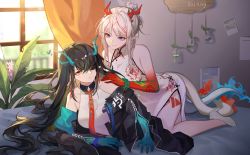 Rule 34 | 2girls, absurdres, arknights, bare shoulders, bead bracelet, beads, black hair, black jacket, blue hair, blue skin, bracelet, china dress, chinese clothes, closed mouth, colored skin, commentary, curtains, dragon horns, dragon tail, dress, dusk (arknights), flower, frown, full body, hair bun, hair over one eye, hand on another&#039;s shoulder, highres, hip vent, horns, jacket, jewelry, leaf, long hair, looking at another, lying, lying on person, medium hair, molianmengdada, multicolored hair, multiple girls, nian (arknights), nian (unfettered freedom) (arknights), off shoulder, on bed, one eye covered, orange hair, orange skin, photo (object), pink flower, pointy ears, purple eyes, siblings, sidelocks, signature, sisters, sleeveless, sleeveless dress, smile, streaked hair, sweatdrop, tail, very long hair, white dress, white hair, window