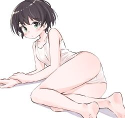 Rule 34 | 1girl, :/, ass, bare arms, bare legs, bare shoulders, barefoot, black hair, blush, camisole, closed mouth, commentary request, expressionless, feet, green eyes, hololive, k-go, looking at viewer, lying, on side, oozora subaru, panties, short hair, simple background, soles, solo, underwear, underwear only, virtual youtuber, white background, white camisole, white panties