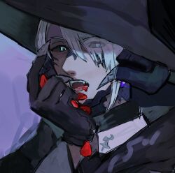 Rule 34 | 1boy, au ra, black gloves, black sclera, blue eyes, colored sclera, eyes visible through hair, final fantasy, final fantasy xiv, gg dal, gloves, hand up, hat, horns, looking at viewer, male focus, open mouth, portrait, solo, warrior of light (ff14), white hair, witch hat