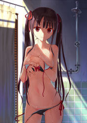 Rule 34 | 1girl, bikini, black hair, blush, bow, breast hold, breasts, cleavage, collarbone, cowboy shot, hair bow, hair ribbon, kakuno, large breasts, light smile, long hair, looking at viewer, navel, original, red eyes, ribbon, shadow, shower head, showering, side-tie bikini bottom, smile, solo, swimsuit, tan, tanline, twintails, untied, wet