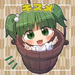 1girl :3 :d blush bucket character_name commentary_request double_v green_eyes green_hair hair_bobbles hair_ornament in_bucket in_container japanese_clothes kimono kisume long_sleeves looking_at_viewer notice_lines open_mouth outline rokugou_daisuke short_hair signature smile solo touhou twintails v white_kimono white_outline wide_sleeves