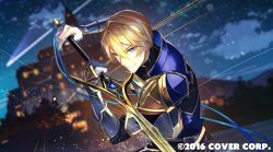 Rule 34 | 1boy, alternate costume, armor, blonde hair, blue armor, blue eyes, blue gemstone, blue ribbon, blurry, blurry background, building, copyright notice, dutch angle, gem, gloves, hair between eyes, hand up, highres, holding, holding sword, holding weapon, holostars, kainown, kishido temma, light trail, looking at viewer, male focus, night, official art, ribbon, shooting star, short hair, sky, smile, solo, star (sky), starry sky, sword, two-handed, upper body, vambraces, virtual youtuber, weapon, white gloves