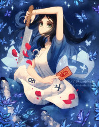 Rule 34 | alice: madness returns, alice (alice in wonderland), alice liddell, american mcgee's alice, between fingers, black hair, breasts, bug, butterfly, card, card between fingers, cowboy shot, dav-19, dress, eyelashes, green eyes, holding, holding card, holding knife, holding weapon, insect, jewelry, jupiter symbol, knife, long hair, looking at viewer, medium breasts, necklace, night, night sky, petals, short sleeves, signature, sky, solo, standing, star (sky), starry sky, watermark, weapon, web address