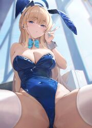 Rule 34 | 1girl, animal ears, blonde hair, blue archive, blue bow, blue eyes, blue halo, blue leotard, blue nails, blush, bow, breasts, cleavage, crotch, detached collar, fake animal ears, fingernails, halo, highres, leotard, long hair, looking at viewer, medium breasts, nail polish, official alternate costume, parted lips, rabbit ears, sashimi nasu, solo, spread legs, strapless, strapless leotard, thighhighs, toki (blue archive), toki (bunny) (blue archive), v, white thighhighs, wrist cuffs