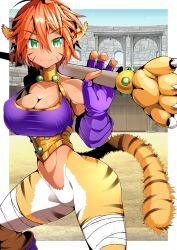Rule 34 | 1girl, animal ears, asakaze abyss, bandages, breasts, breath of fire, breath of fire ii, cleavage, fingerless gloves, gloves, green eyes, highres, holding, holding staff, looking at viewer, orange hair, purple gloves, rinpoo chuan, short hair, solo, staff, tail, tiger ears, tiger stripes, tiger tail